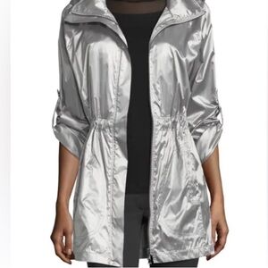 Anne Klein Silver Rain Utility Jacket with Hood and Drawstring Waist